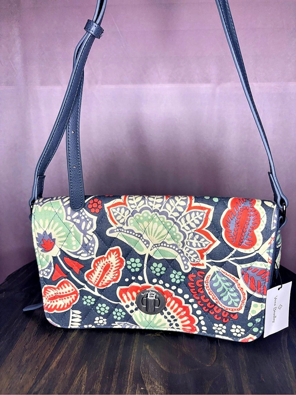 Vera Bradley Turnlock Crossbody Floral Blue & Red